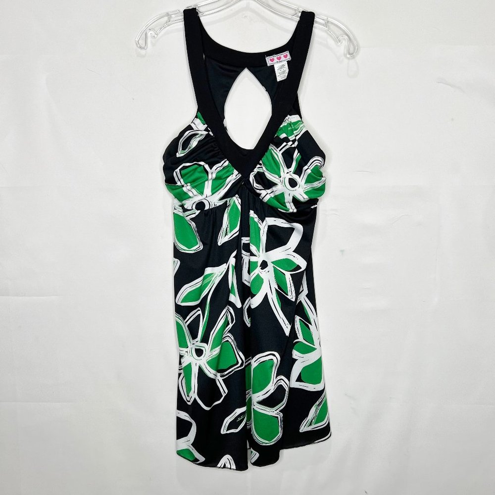 Three Pink Hearts Dress Womens XL Trixxie Black Green White Floral Padded V-Neck